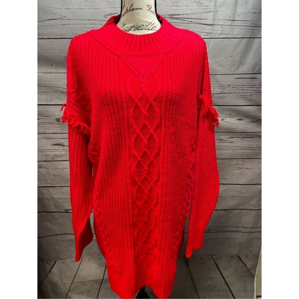 American Rag Women Knit‎ Sweater Dress Cable Knit Fringe Mock Neck Red XXL